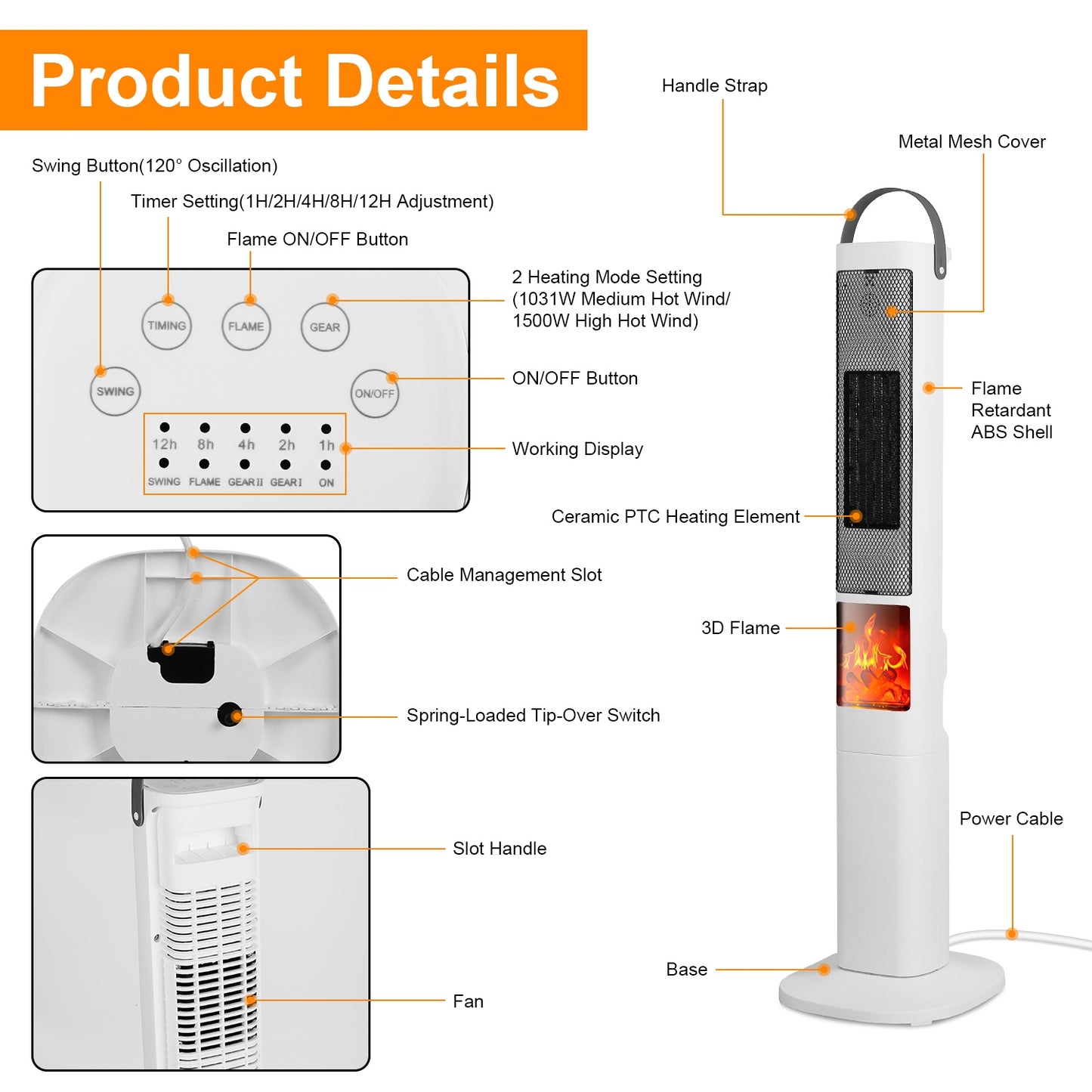 1500W Oscillating Space Heater with 3D Flame Effect, Remote & Timer