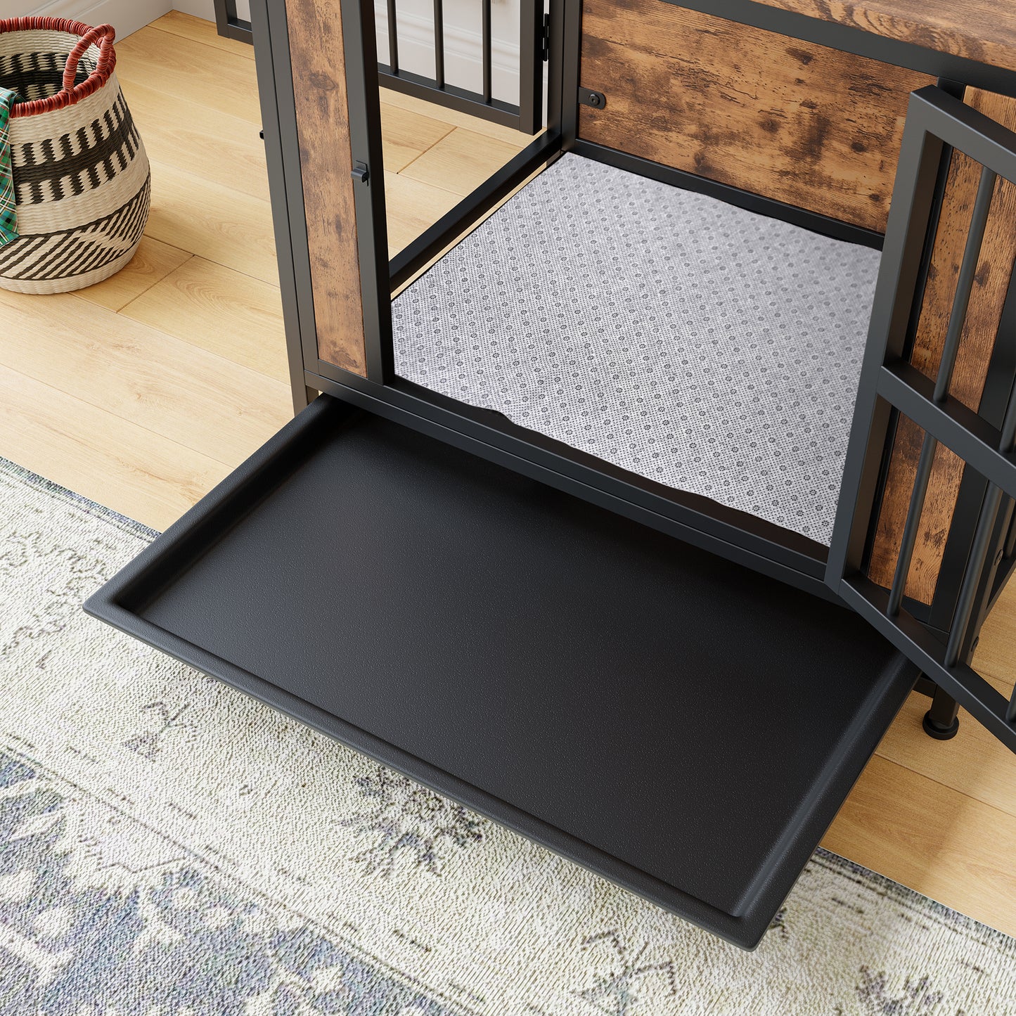 Wooden Dog Crate Table with 2 Sliding Doors - Rustic Brown