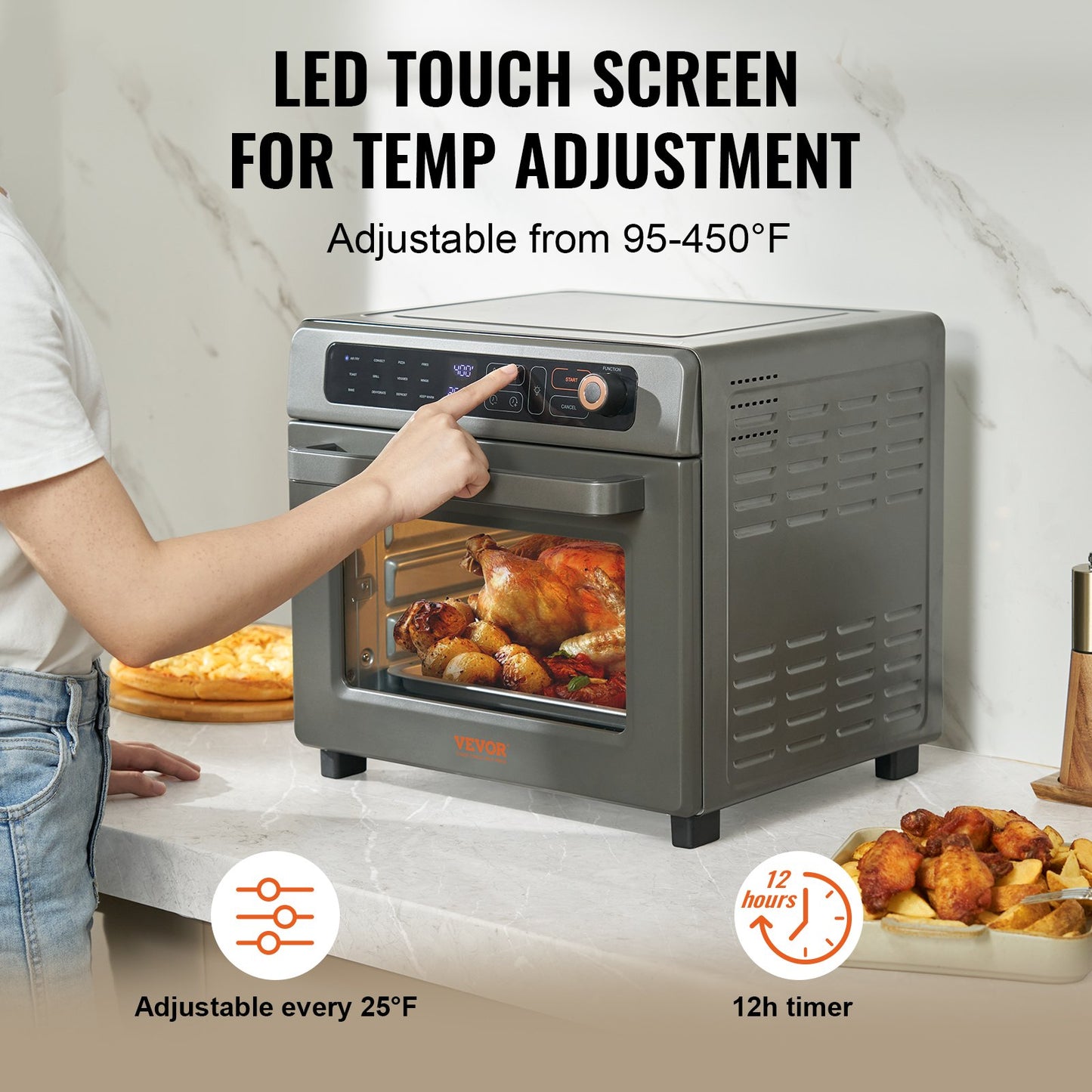 12-in-1 Air Fryer Toaster Oven 25L Convection Oven with Grill & Pizza Pan - Grey
