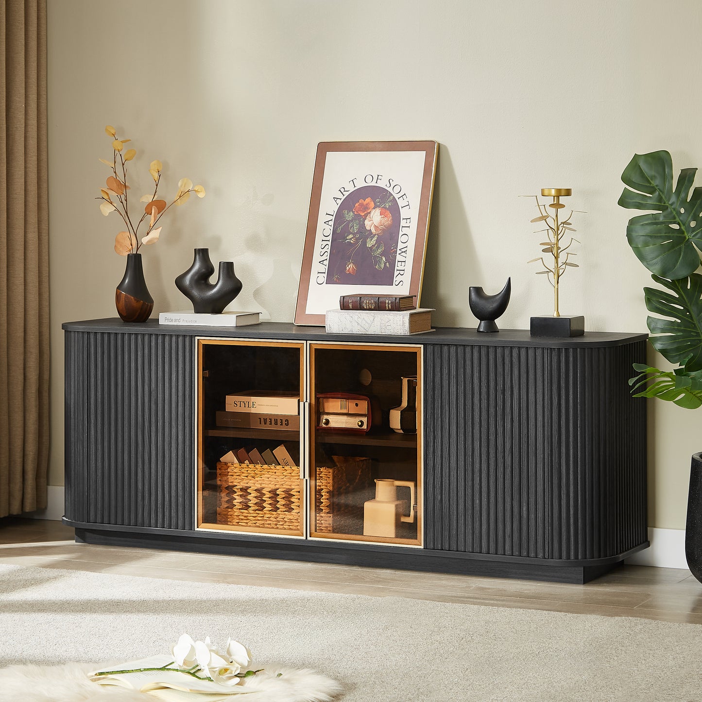 64-Inch Wavy TV Cabinet with Tempered Glass Doors - Black
