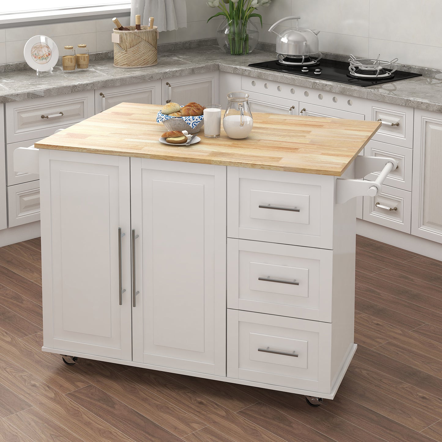 Kitchen Island with Spice Rack & Towel Rack - White