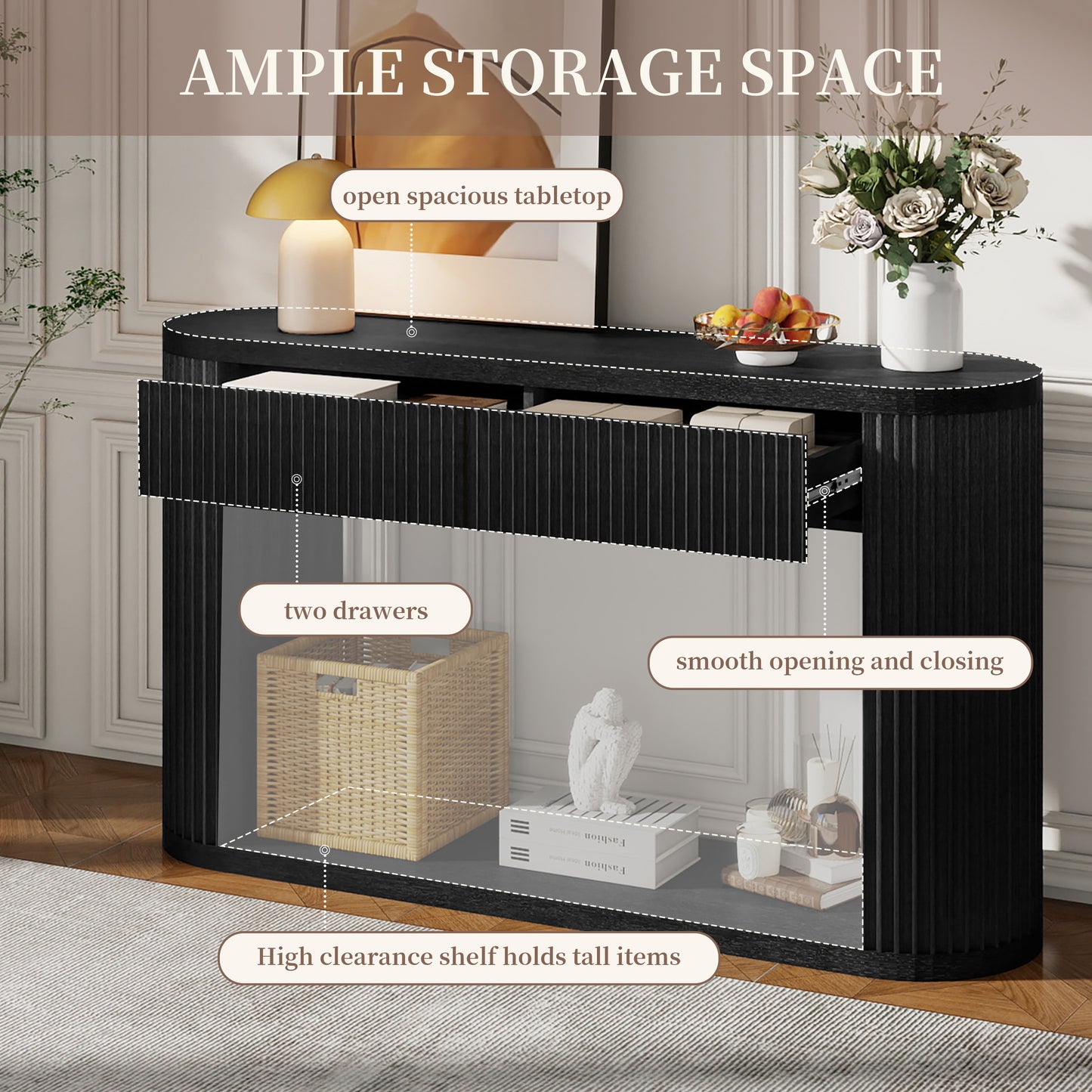 Oval Fluted Console Table with 2 Drawers & Bottom Shelf - Black