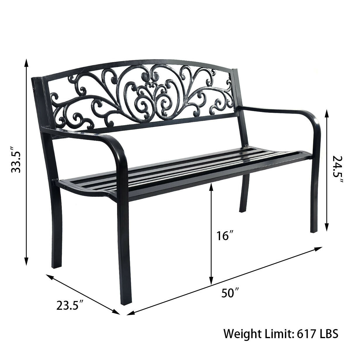 50 Inch Steel Frame Outdoor Bench with Cast Iron Backrest