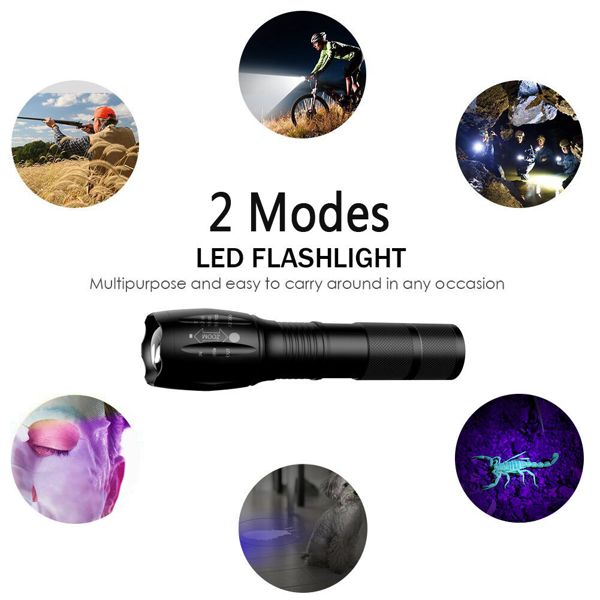 2-in-1 UV and White LED Flashlight with Focus Adjustable Inspection Light - Black