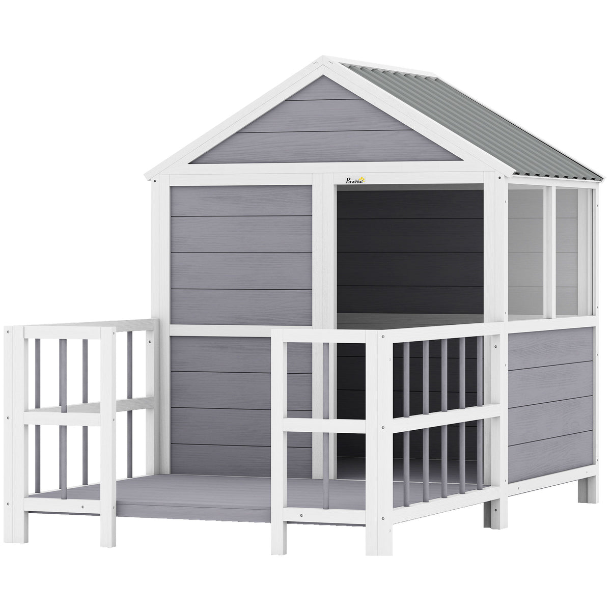 Large Wooden Outdoor Dog House with Porch & Weatherproof Roof - Gray