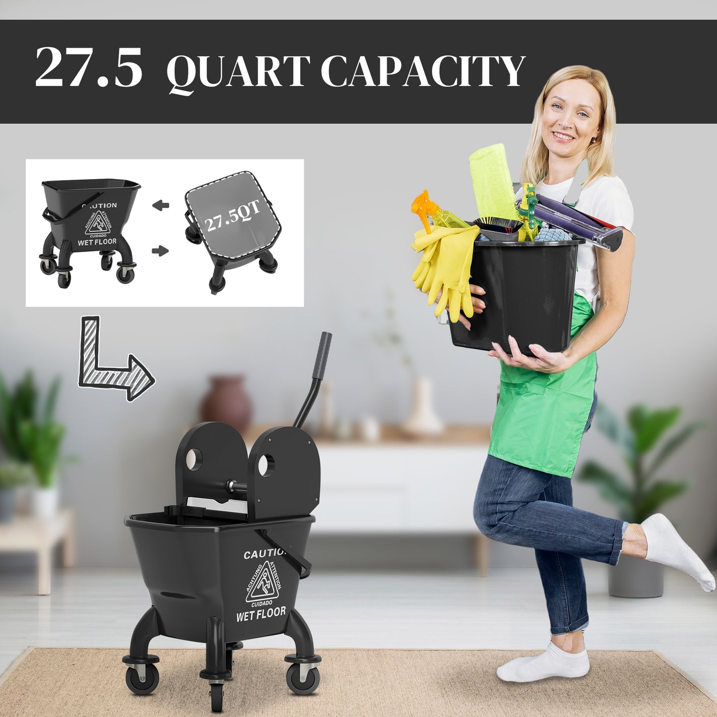 27.5 Quart Mop Bucket with Wringer on Wheels for Easy Cleaning