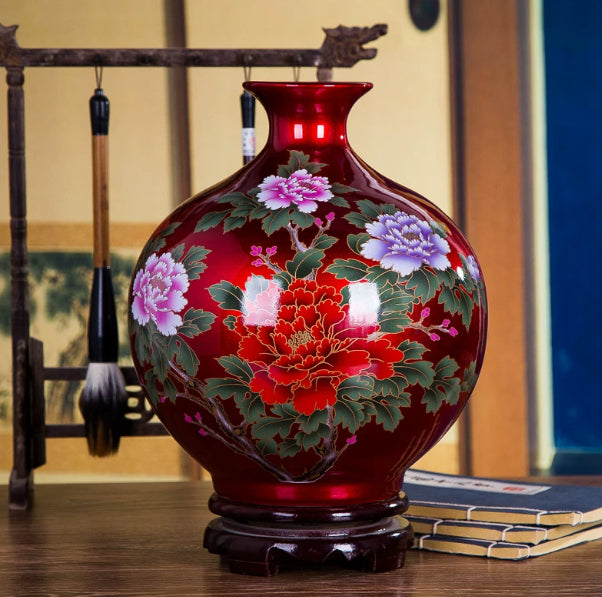 Ceramic Flowering Prosperity Peony Vase for Living Room Home Decor