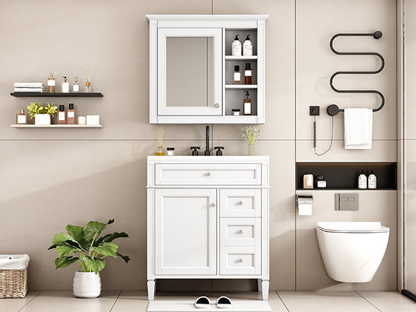 30'' Modern Bathroom Vanity with Sink & Mirror Cabinet - White