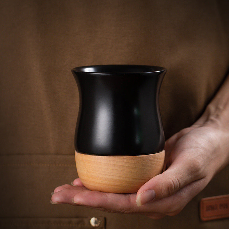 Retro Solid Wood Base Stoneware Coffee Mug 260ml - Multiple Colors