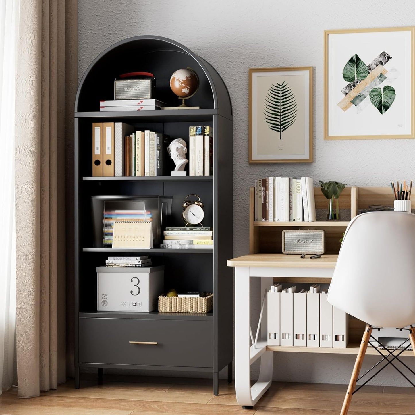 Metal Arched Bookshelf Cabinet with Drawer - Black Kitchen Storage