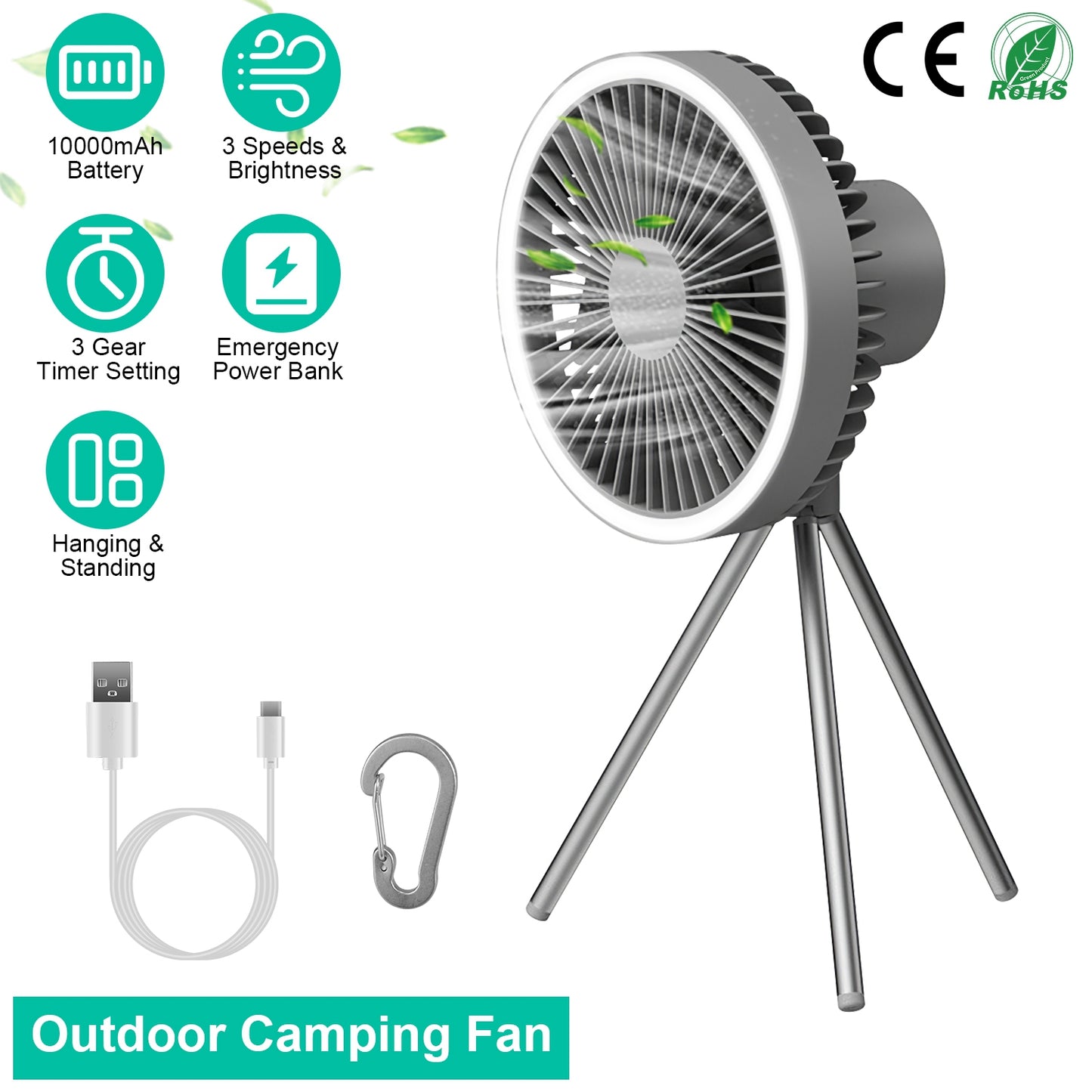 Portable Camping Fan with Lantern - 10000mAh Rechargeable Battery