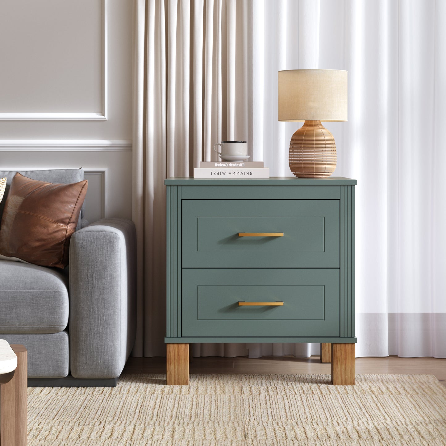 2 Drawer Nightstand with Elegant Fluted Design - Blue