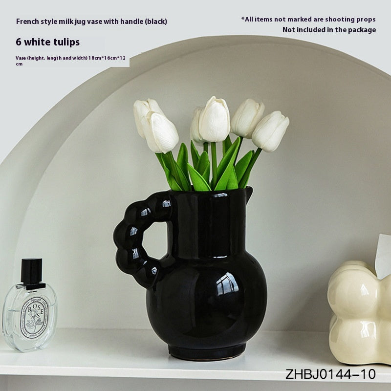 French Ceramic Vase Set - Cream, Black, and Beige Decorative Flowers & Tulips