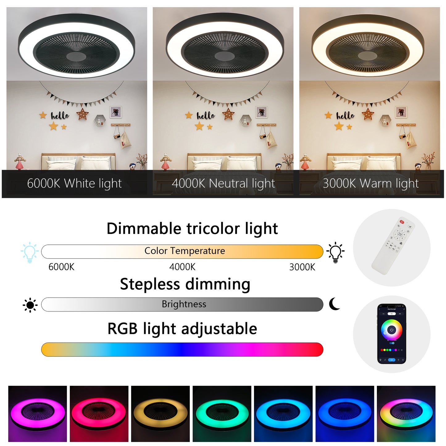 19-Inch Black Ceiling Fan Light with RGB LED & Remote Control