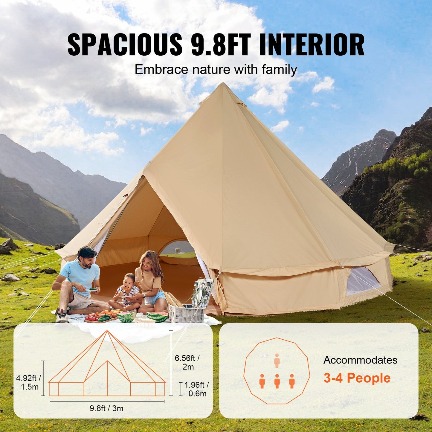 3-5 Person Canvas Bell Tent with Stove Jack - Waterproof Family Camping Shelter 10x10ft