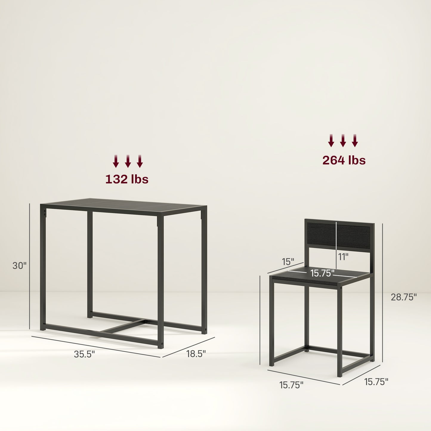 3-Piece Industrial Dining Room Set with Table & 2 Chairs - Black