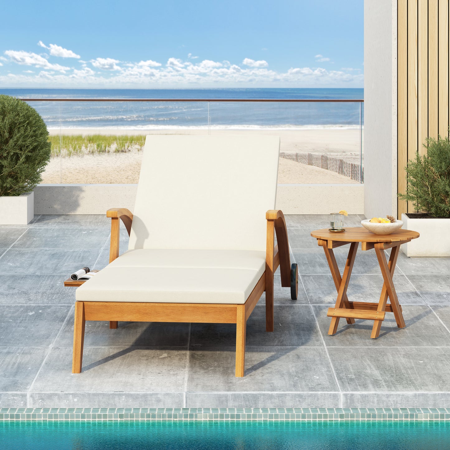 CHAISE LOUNGE WITH WHEEL - ACACIA WOOD RECLINER FOR PATIO GARDEN,