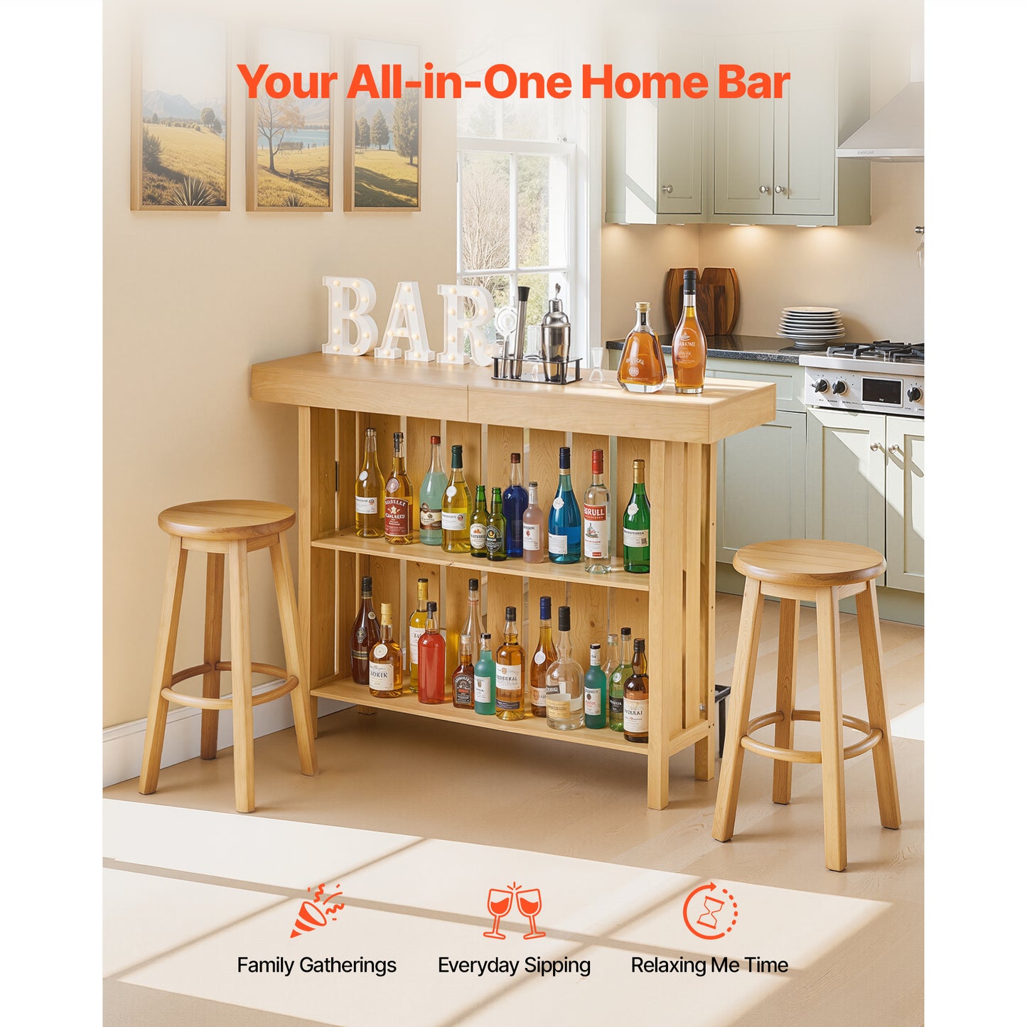 Home Bar Wine Cabinet Table 3-Tier Storage with Opener & Adjustable Feet