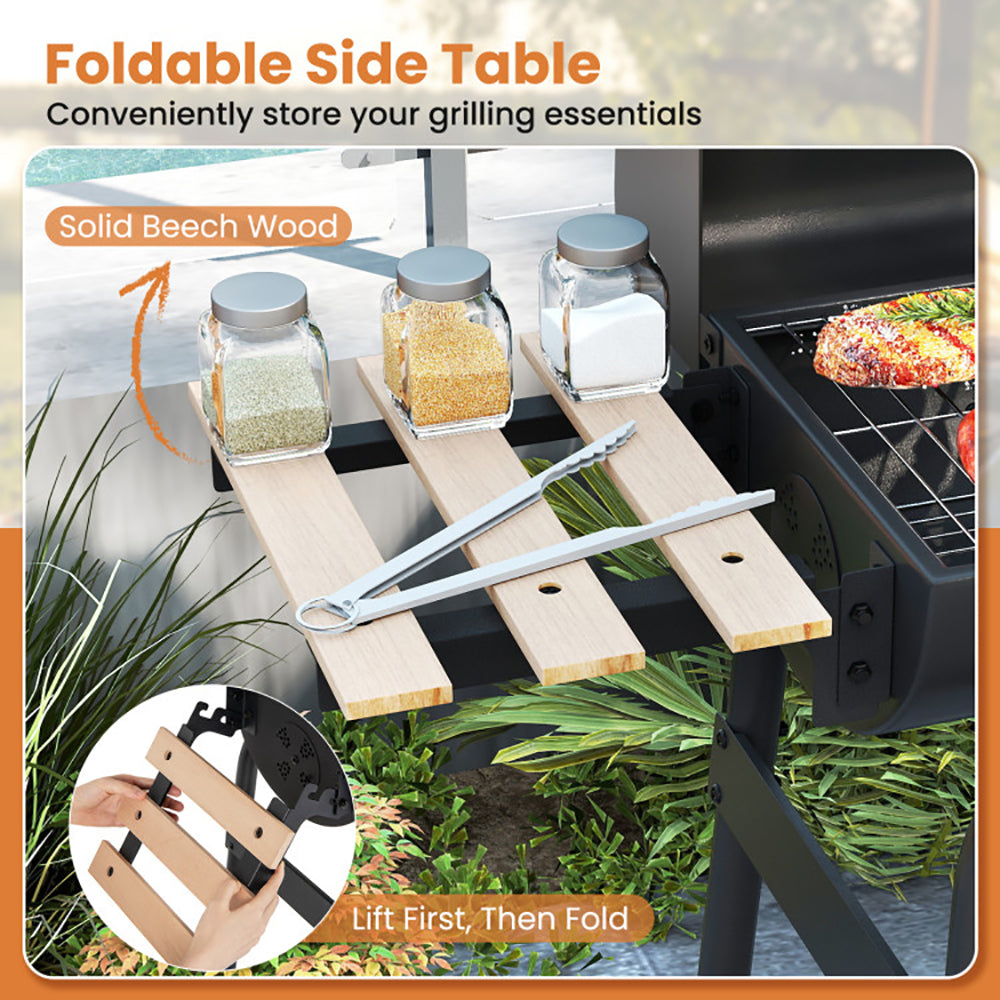 Charcoal Grill with Foldable Side Table and Thermostat - Black