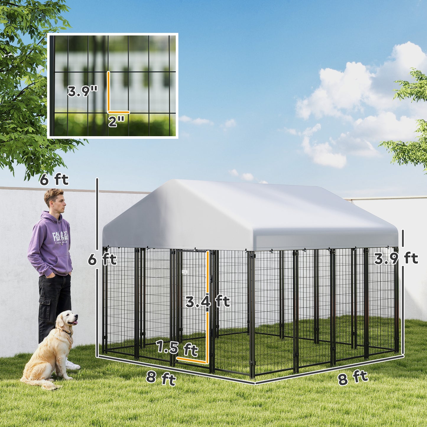 Heavy Duty Outdoor Dog Kennel with Roof, 8x8x6 ft Enclosure, Escape-Proof Lock