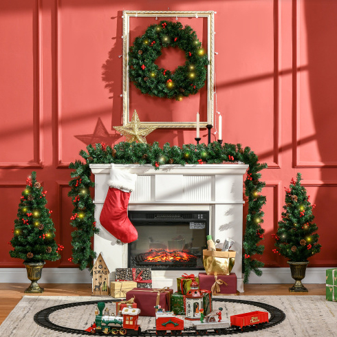 Prelit Christmas Decoration Set - Wreath, Garland & 2 Trees with LED Lights