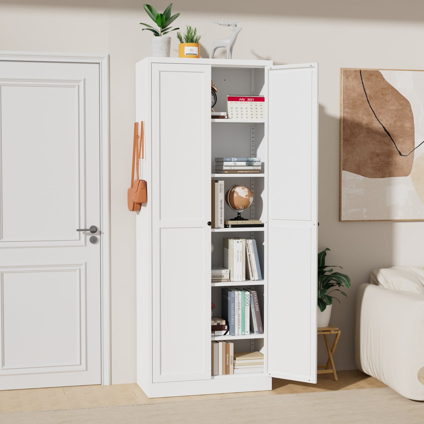 72" White Metal Kitchen Pantry Cabinet - Heavy-Duty Storage Organizer with 5 Adjustable Shelves
