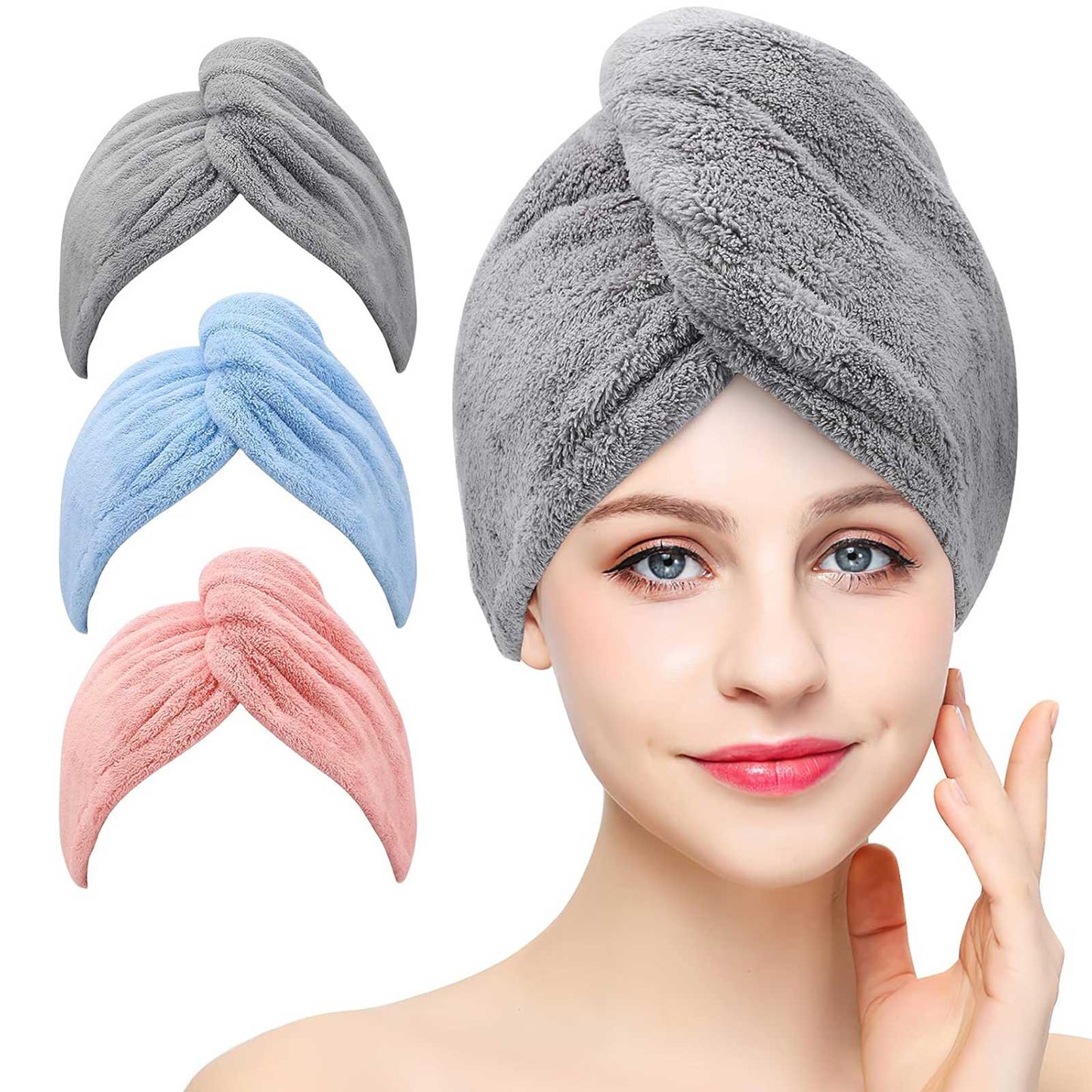 3-Piece Microfiber Hair Towel Wrap Set - Ultra Absorbent Quick Dry Turban