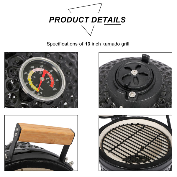 13in Round Charcoal Ceramic Grill Black for Outdoor Barbecue