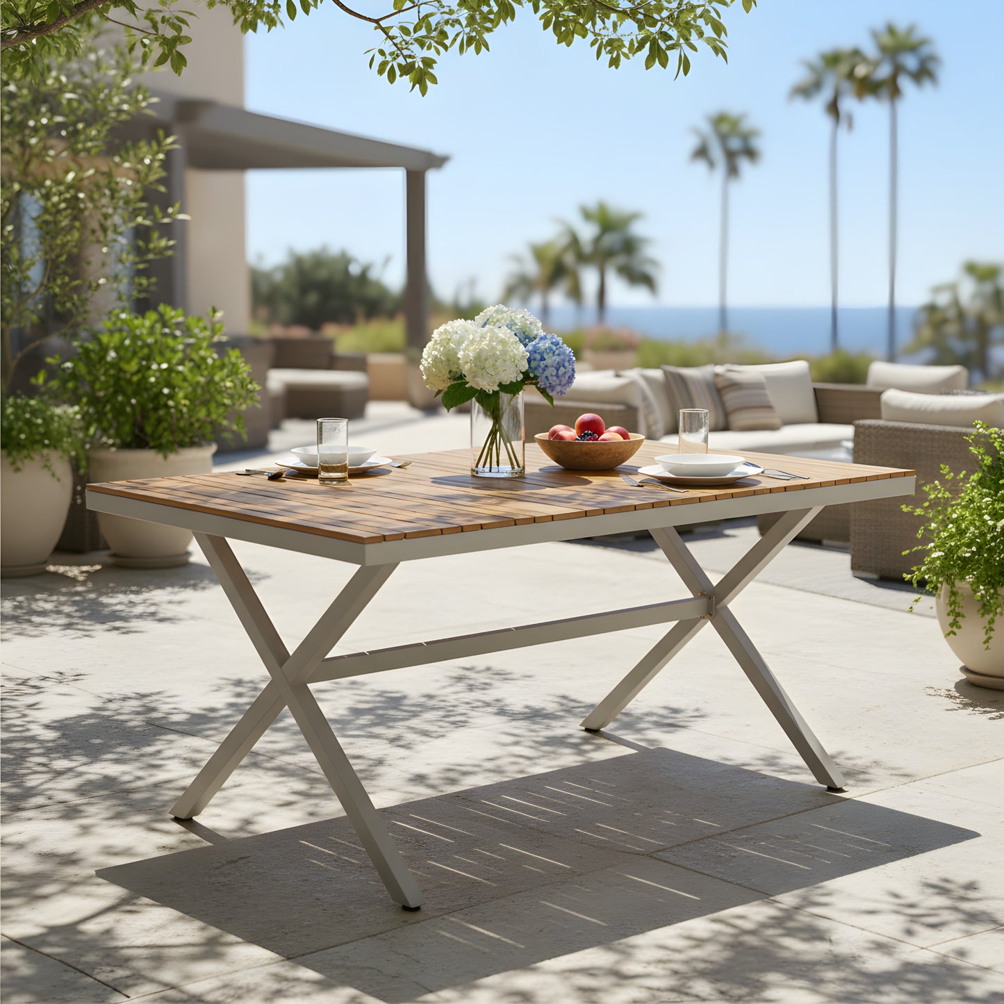 Teak Wood Top With Beige Steel Frame Outdoor Dining Table, 55.12
