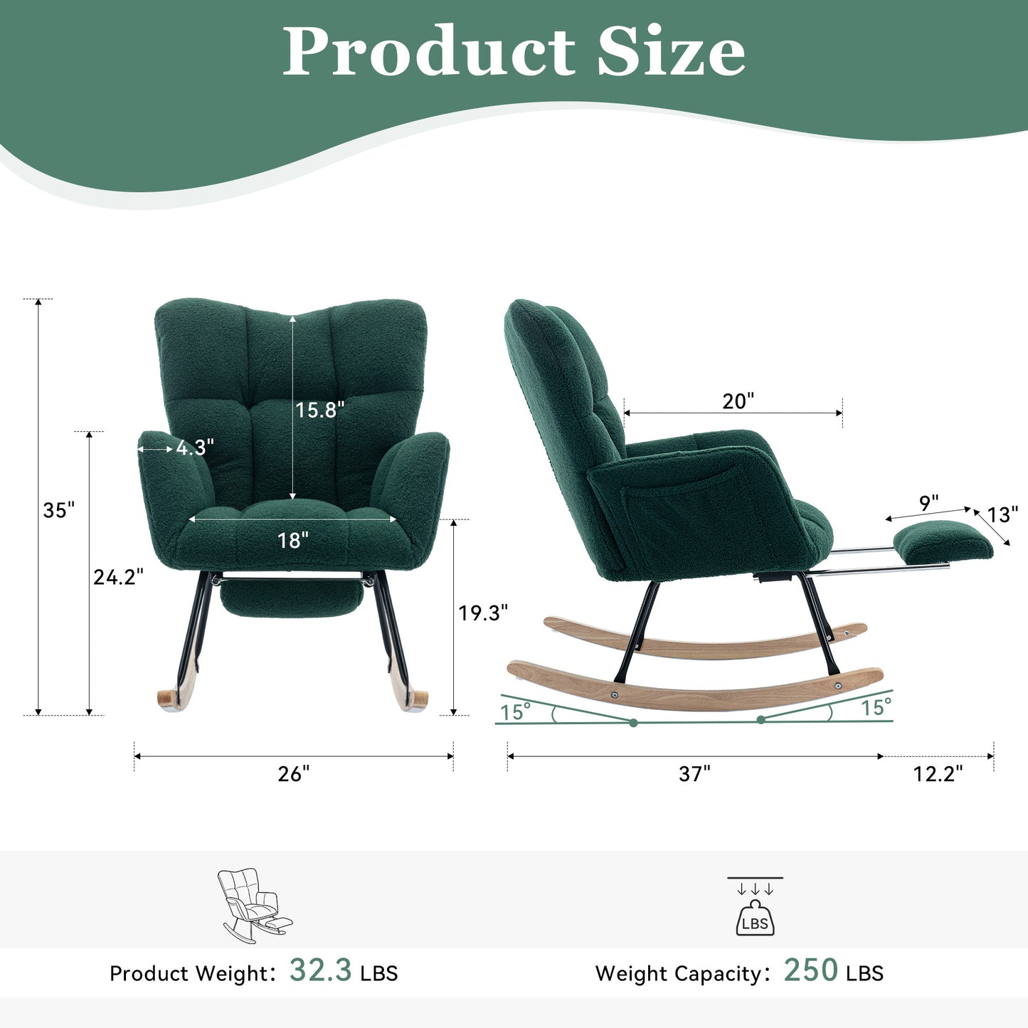 Teddy Fabric Rocking Chair with Adjustable Footstool - Green