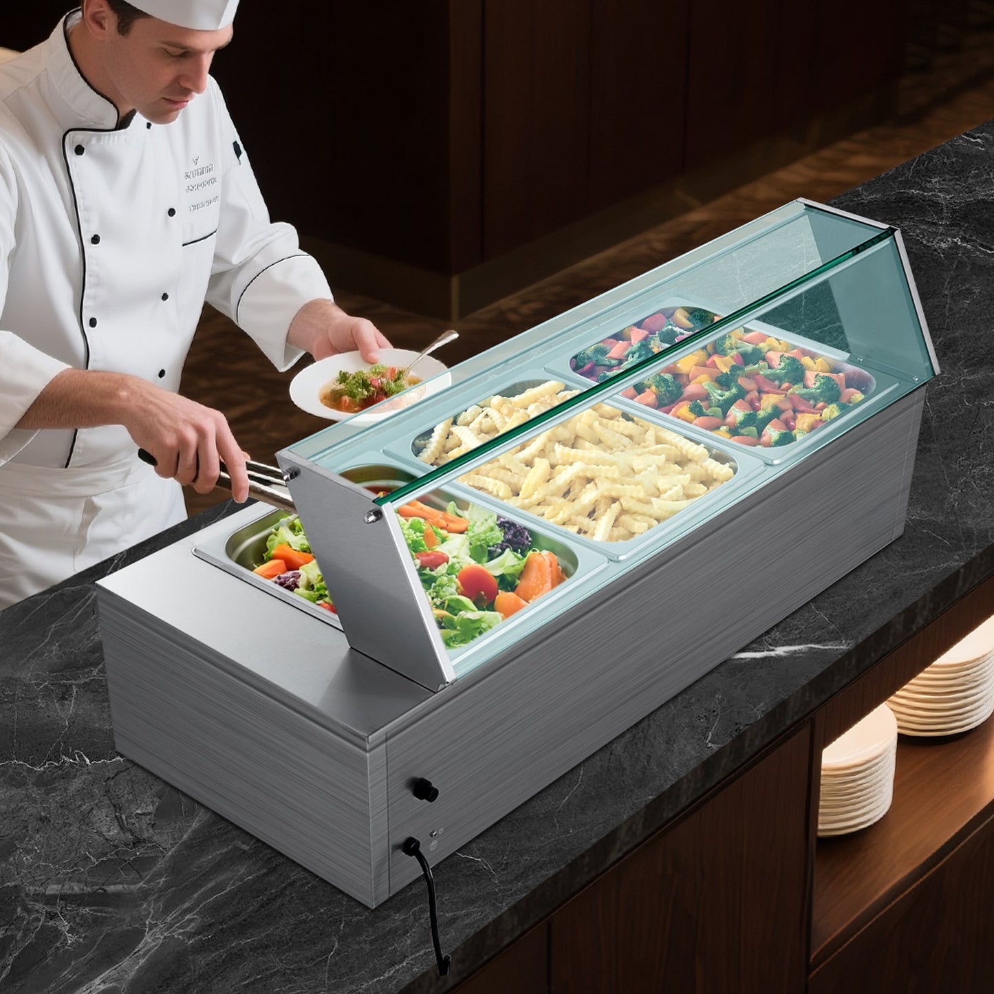 Commercial Food Warmer 3-Pan Buffet Bain Marie 1500W with Glass Cover - Silver