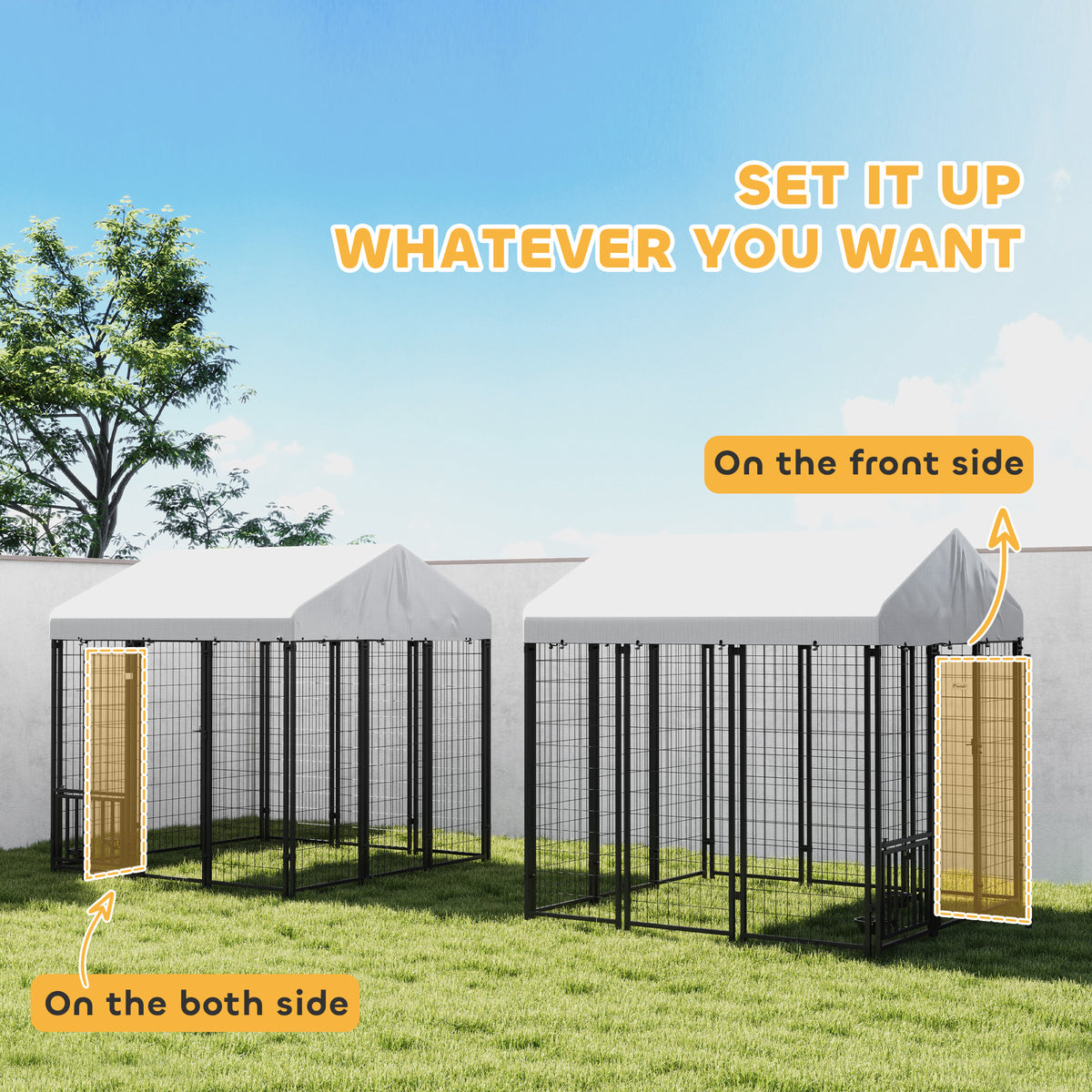 Outdoor Dog Kennel with Roof, 4-Level Adjustable Bowls & Rotating Feeder