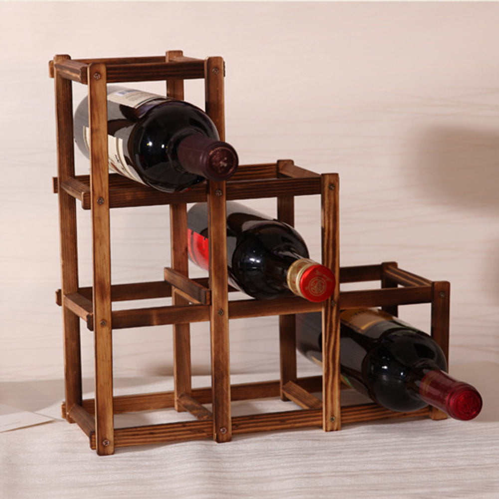 Wood Wine Rack Folding 6-Bottle Storage Carbonized Wood Home Bar