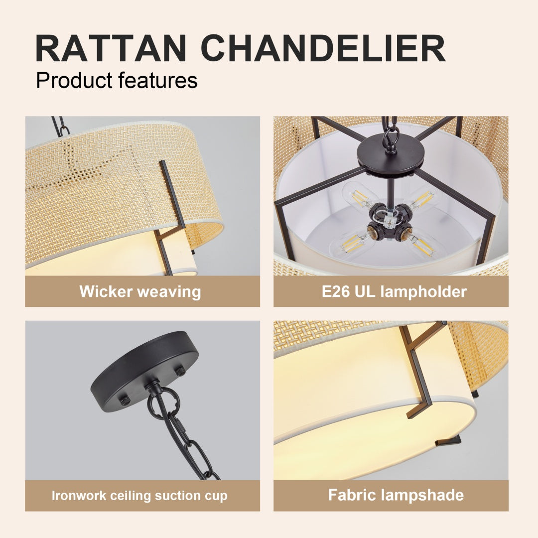19.7in Farmhouse Boho Rattan Chandelier with Fabric Shade - 4-Light Pendant Light for Dining Room Kitchen Bedroom