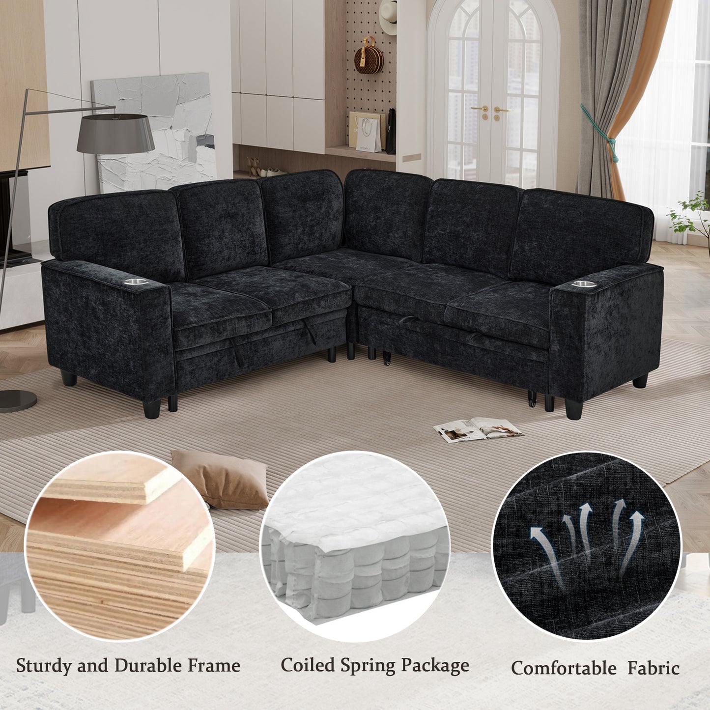 L-Shaped Sofa Bed with Storage & USB Ports - Charcoal Grey