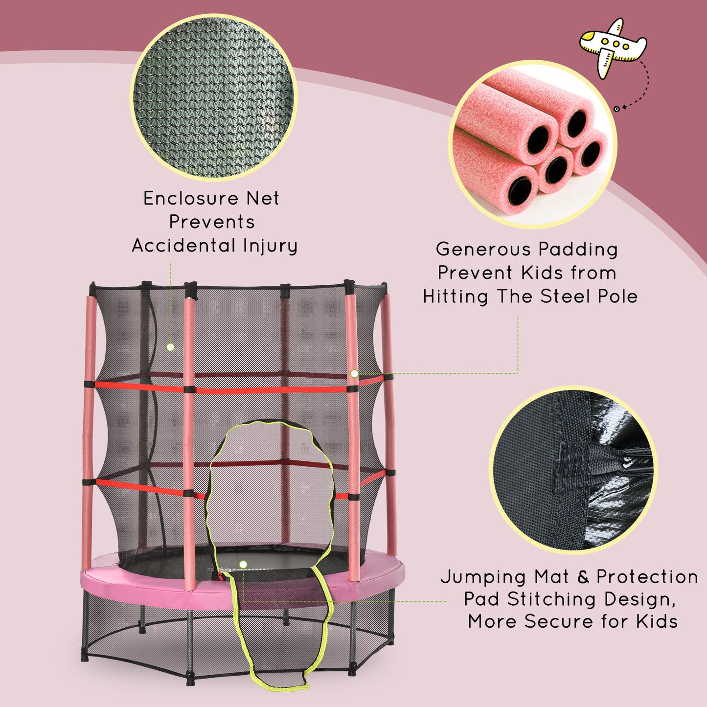 5FT Kids Trampoline with Enclosure Net - Pink, 3-6 Years