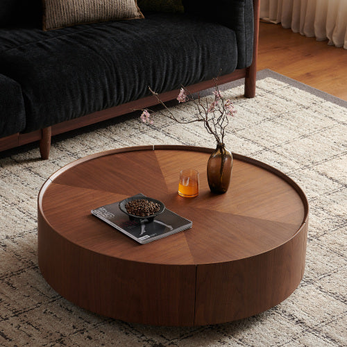 39.3-Inch Walnut Coffee Table - Circular Design for Living Room