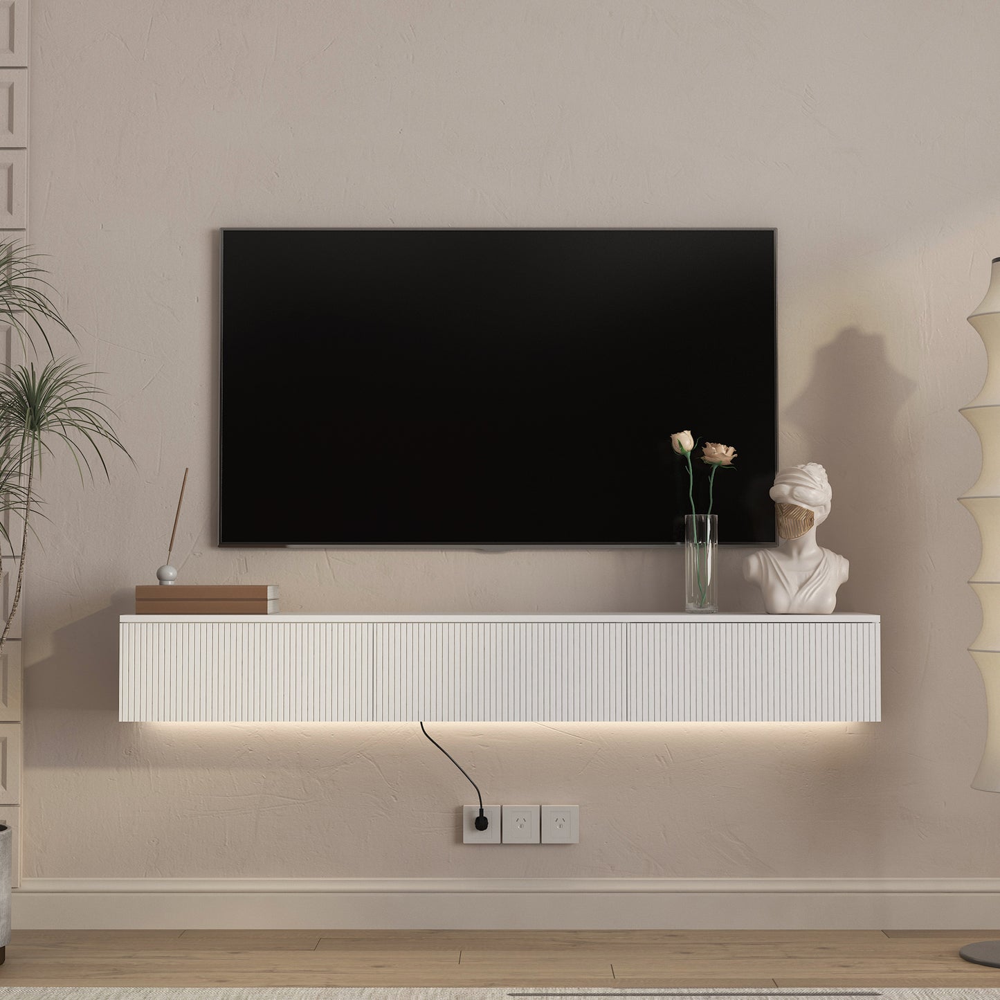 Wall Mounted Floating TV Stand with 16 Color LEDs - White