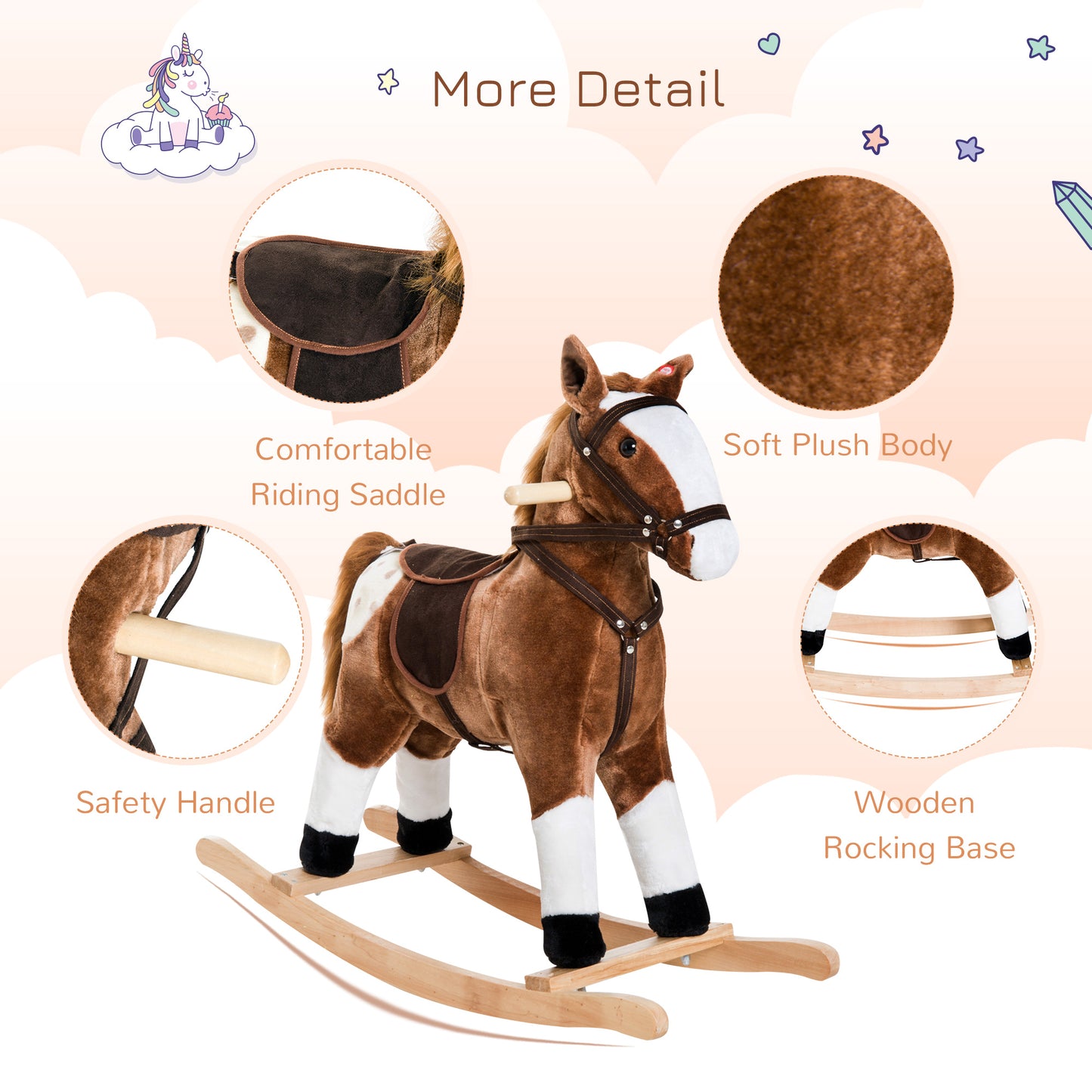 Plush Rocking Horse for Kids with Realistic Sounds - Brown