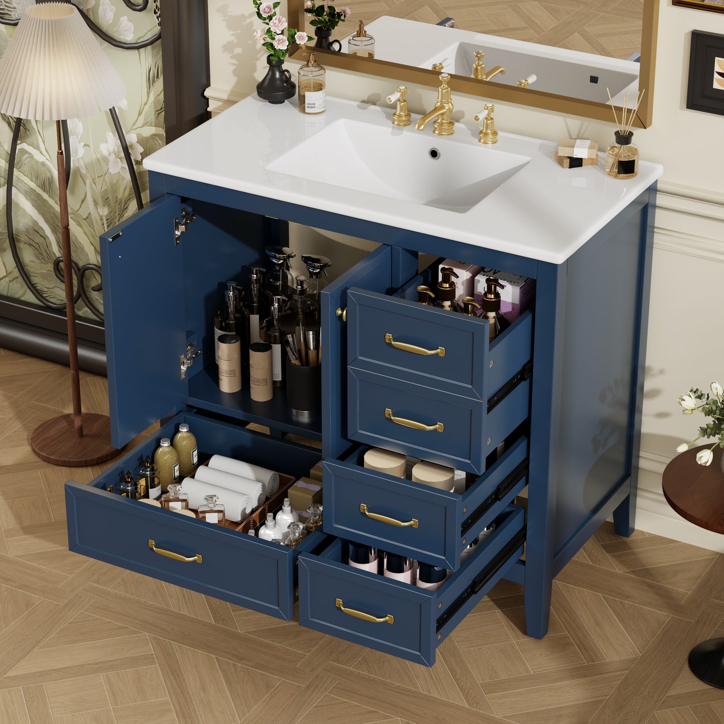 36" Bathroom Vanity with Sink - Elegant Blue Design, 4 Drawers