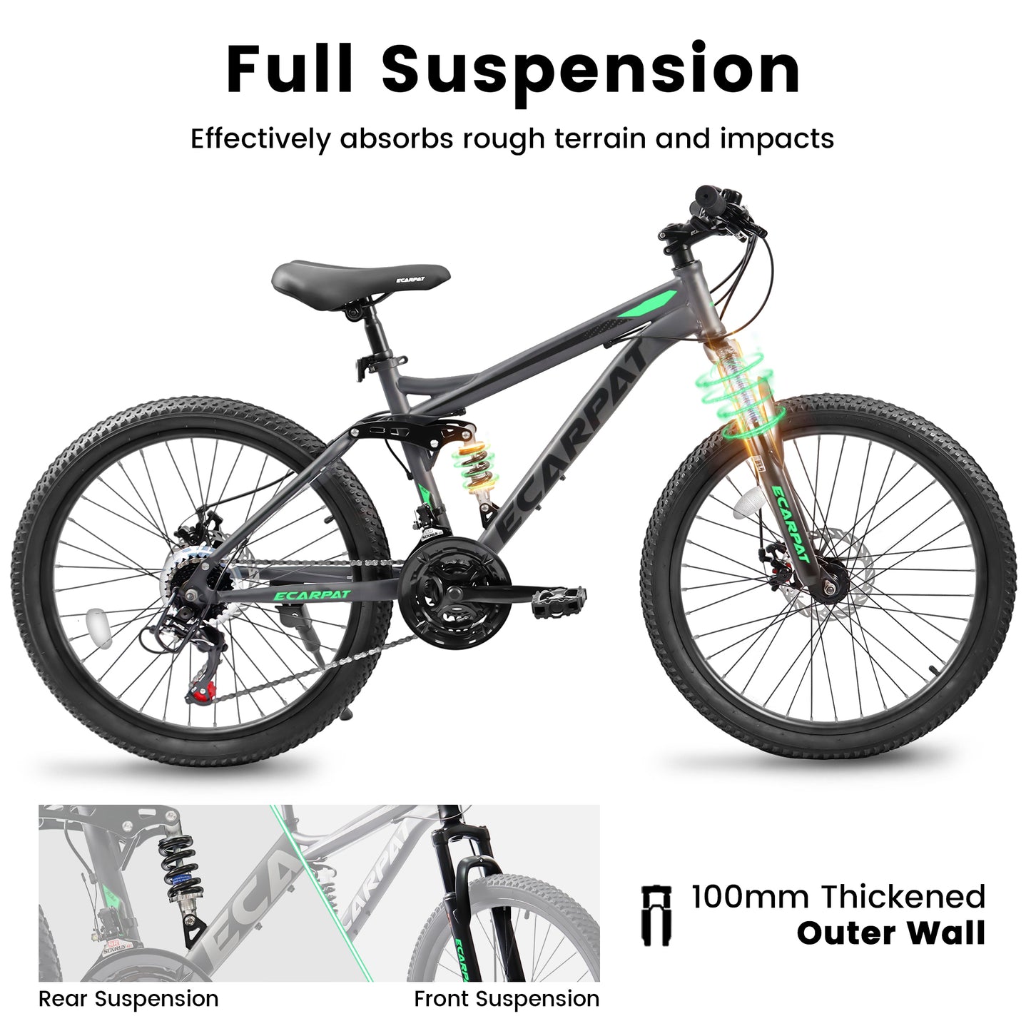 27.5 Inch Full Suspension Mountain Bike - 21 Speed, Dual Shock Absorbers, Grey