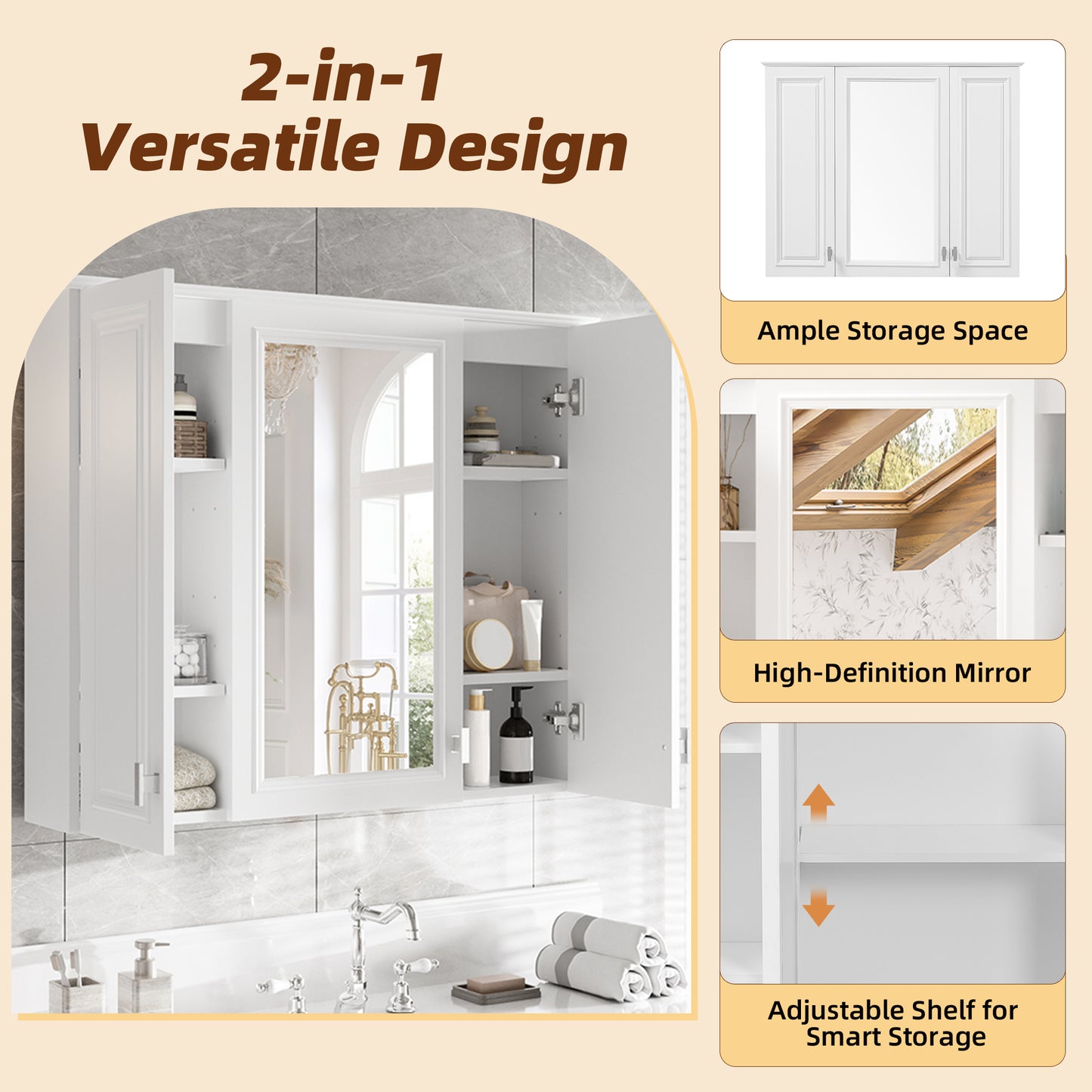 35-Inch Wall-Mounted Bathroom Cabinet with Mirror & 5 Shelves