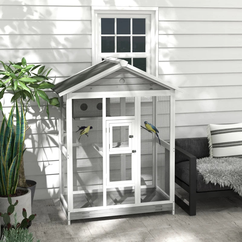 Wooden Bird Cage Aviary with Perches Nest and Slide-Out Tray - Indoor Outdoor Gray