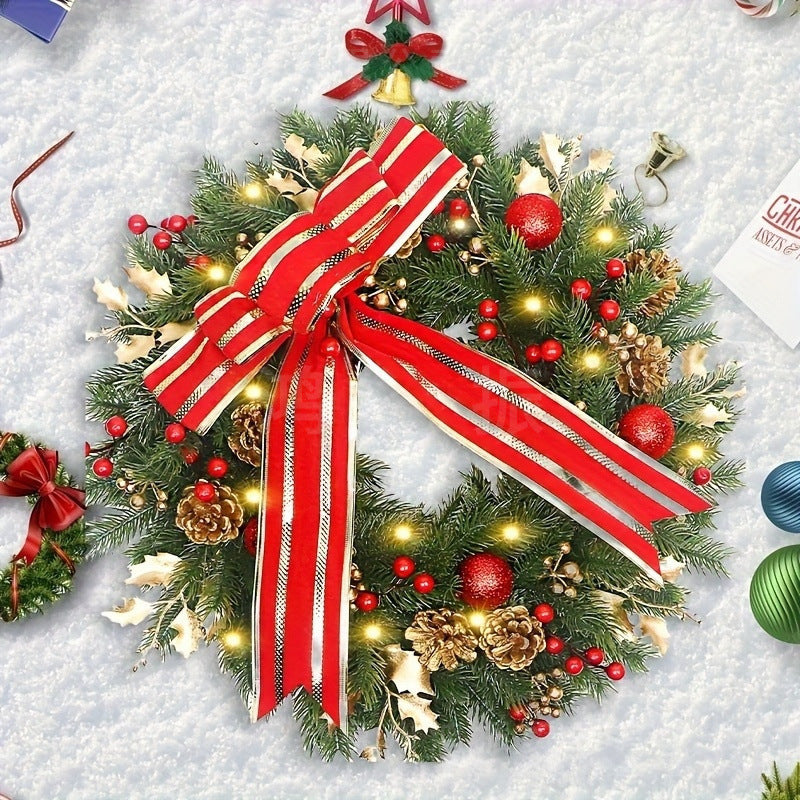 Christmas Artificial Flower Wreath with Striped Bow - 45cm Holiday Decor