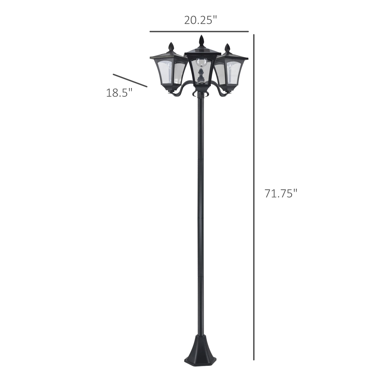 Solar Powered Outdoor Lamp Post Light - Triple Head, 72 Inches