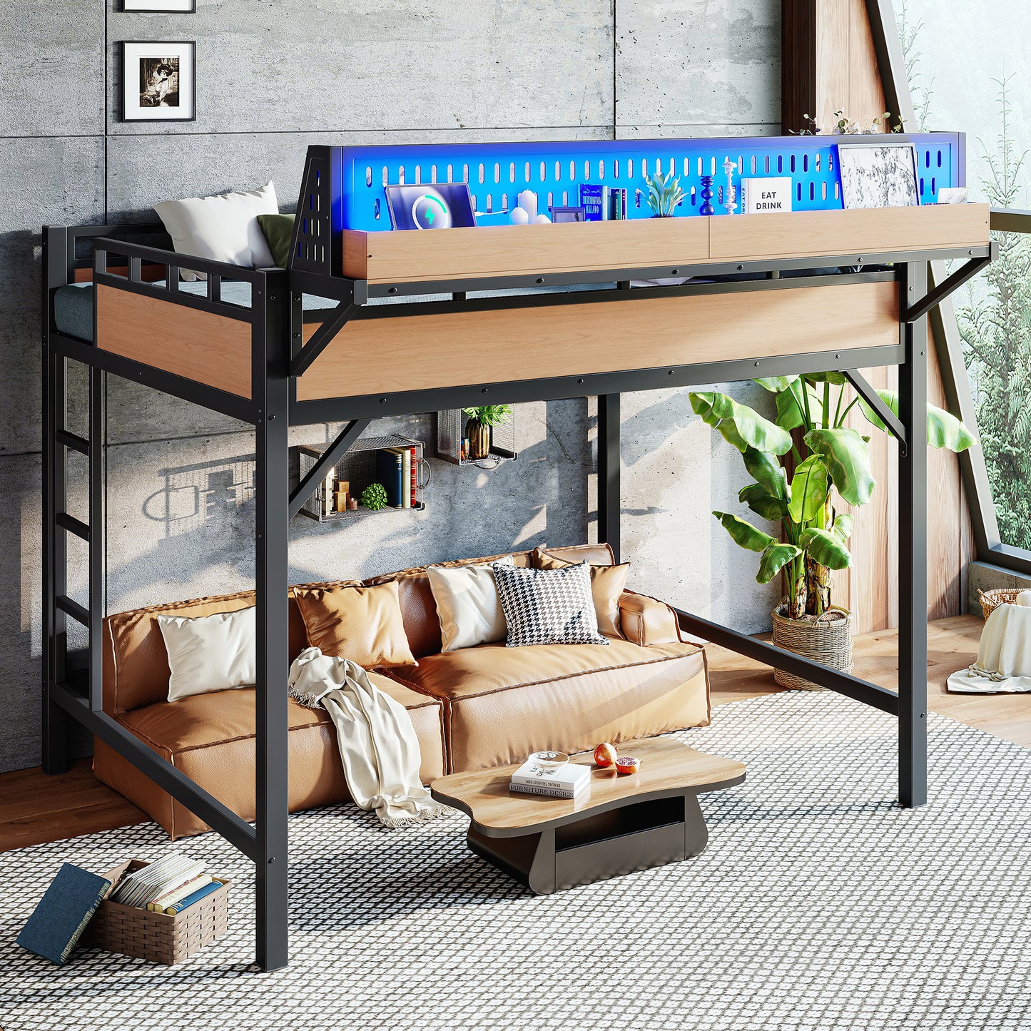 Queen Size Loft Bed Frame with Storage Shelves & USB Ports