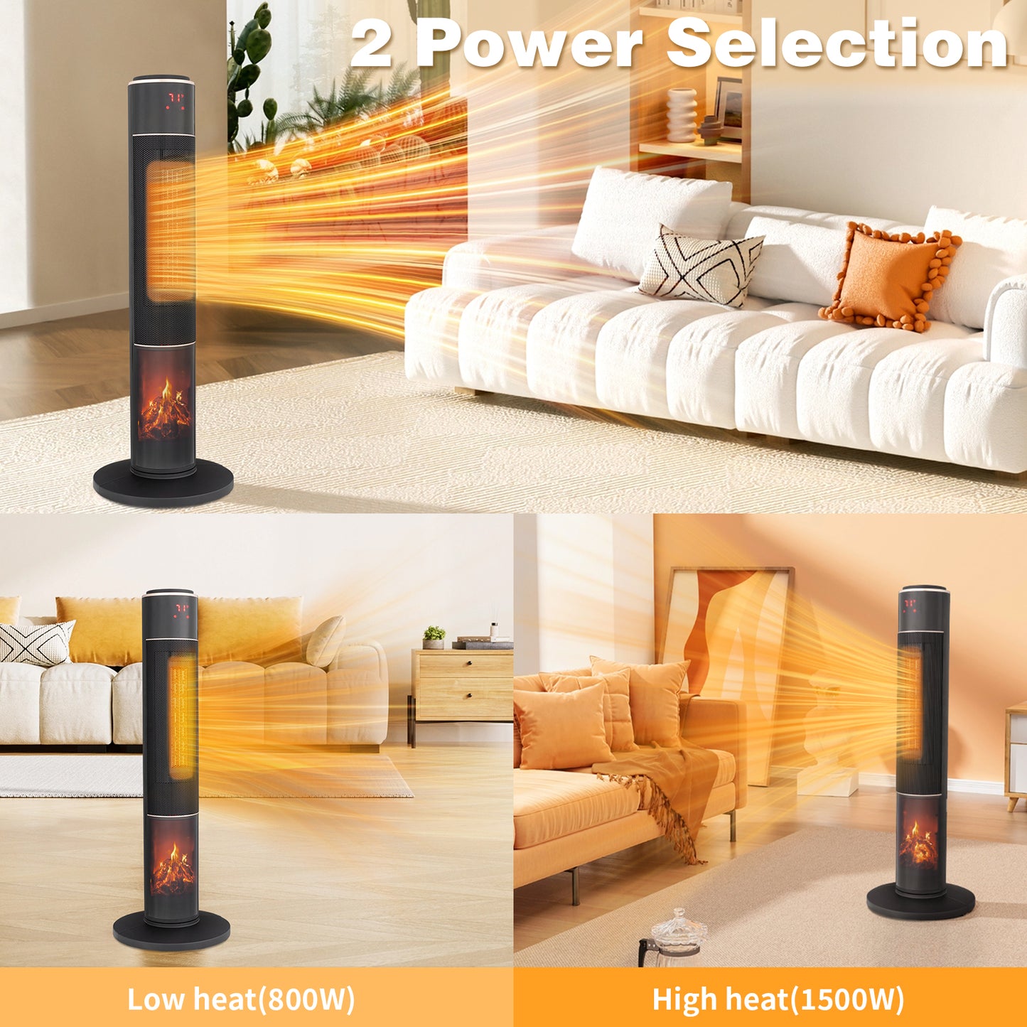 32inch Tower Space Heater with 3D Flame Effect, 1500W Portable Electric Heater with Thermostat, Oscillation, Timer & Remote