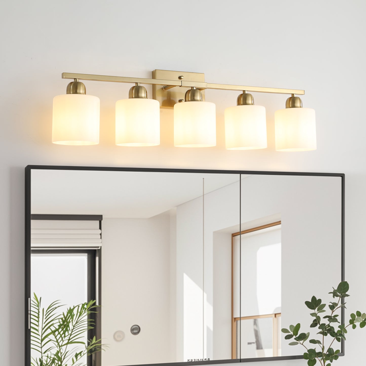 5-Light Modern Bathroom Vanity Light Fixture - Gold with Frosted Glass Shades