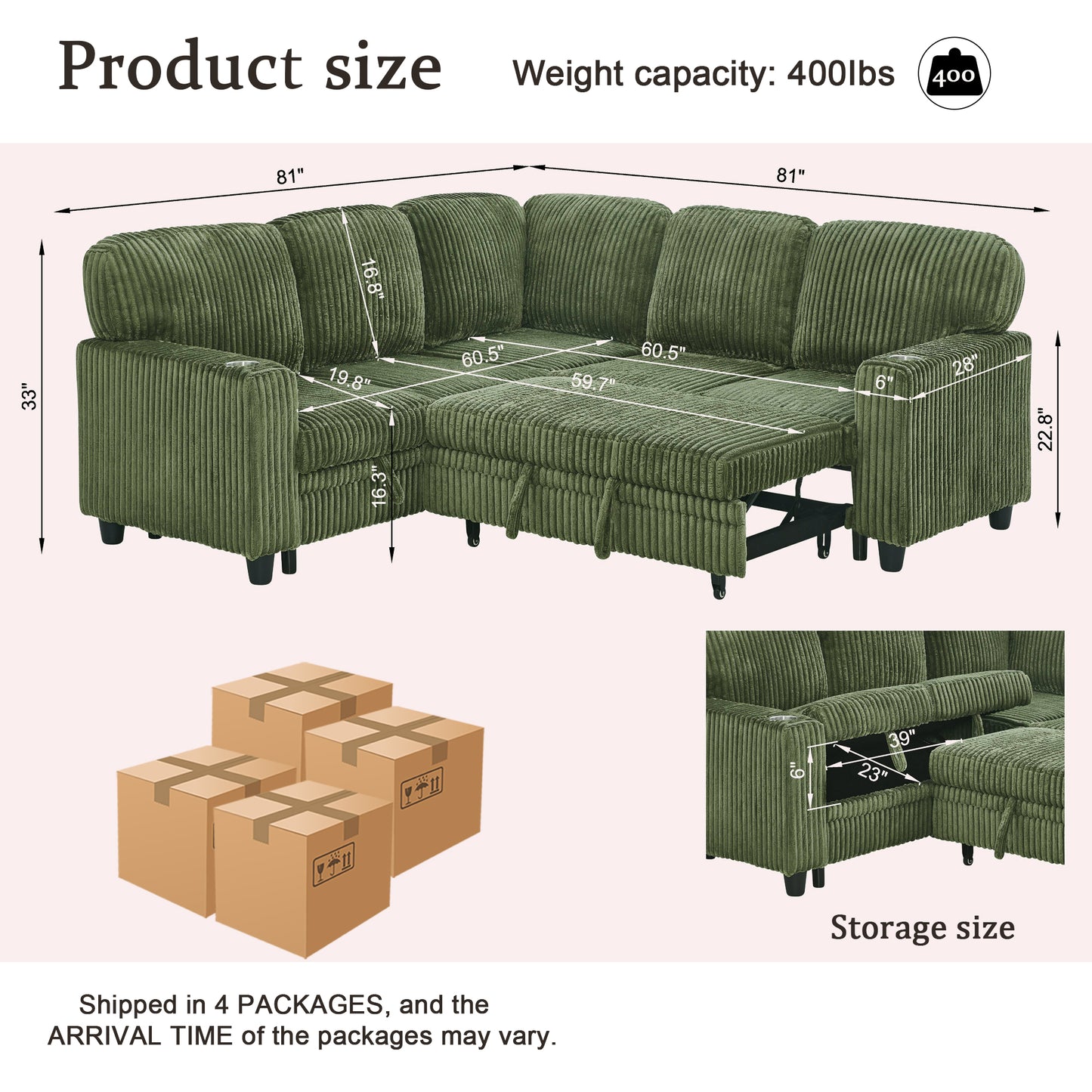 L-Shaped Sectional Sofa Bed with USB Charging & Storage - Olive Green