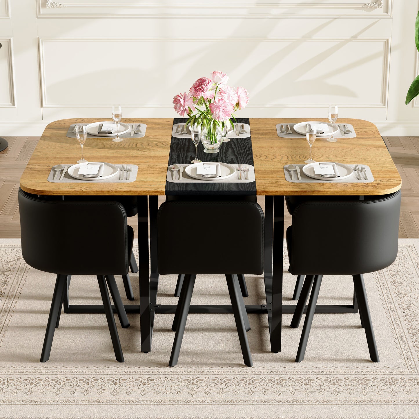 7-Piece Rectangular Dining Table Set with 6 Black Chairs